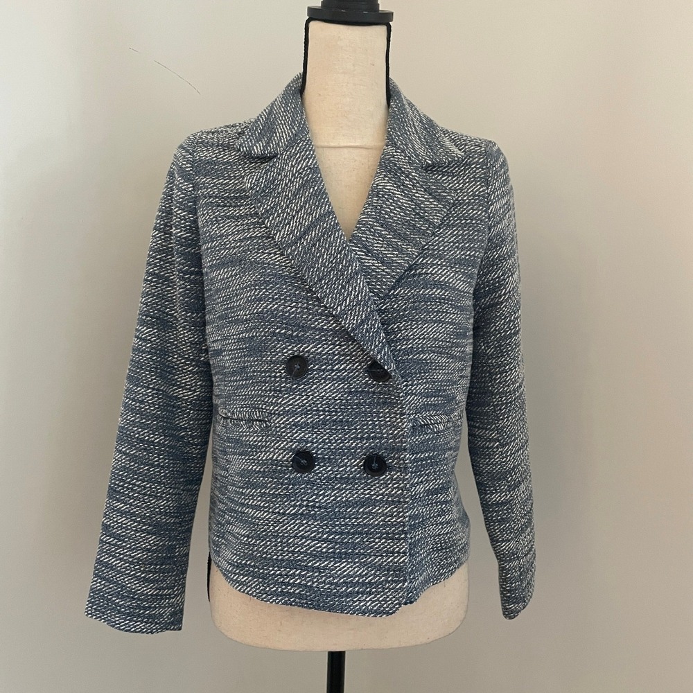 Talbots Tweed Pea Coat Jacket size 4P Teal White Prep School Fall Preppy Coat